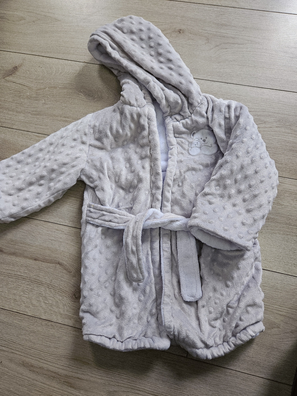 Soft Minky Dot Hooded Baby Robe Grey Bear Embroidery 2T🩷